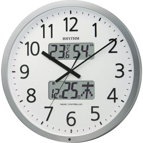 トラスコ中山 RHYTHM リズム 電波 壁掛け時計 最大24回/日 プログラムチャイム 温湿度計付き カレンダー シルバー φ380x57(ご注文単位1個)【直送品】