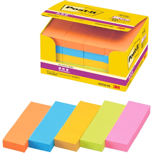 トラスコ中山 3M ポスト・イット 強粘着 75X25mm 90枚X20パッド 5色混色(ご注文単位1パック)【直送品】
