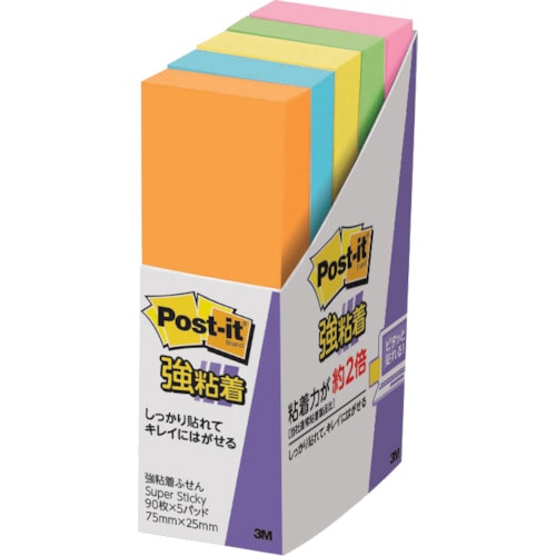 トラスコ中山 3M ポスト・イット 強粘着ふせん 75X25mm 混色(ご注文単位1パック)【直送品】