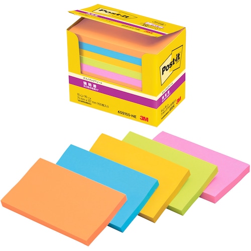 トラスコ中山 3M ふせん ポスト・イット ノート 強粘着 75×127mm 90枚×10パッド 5色混色(ご注文単位1箱)【直送品】