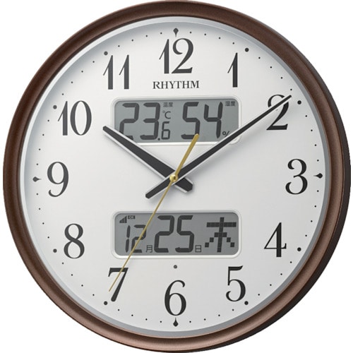 トラスコ中山 RHYTHM 電波 壁掛け時計(アナログ表示) 温湿度計付き カレンダー 暗所自動点灯機能付き 連続秒針 ブラウン Φ344×52mm（ご注文単位1個）【直送品】