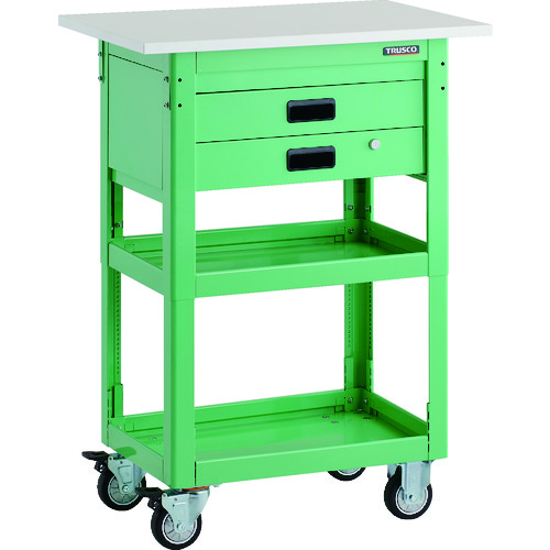 トラスコ中山 TRUSCO ツールワゴン ドルフィン 高さ調節式 天板付 750×500 2段引出 ヤンググリーン ウレタン車輪(ご注文単位1台)【直送品】