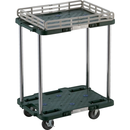 トラスコ中山 TRUSCO 樹脂製台車 ルートバン 2段式 柵1段付 370X500 4輪自在ストッパー付 緑(ご注文単位1台)【直送品】