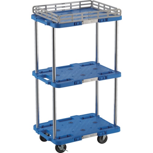 トラスコ中山 TRUSCO 樹脂製台車 ルートバン 3段式 柵1段付 370X500 4輪自在ストッパー付 青(ご注文単位1台)【直送品】
