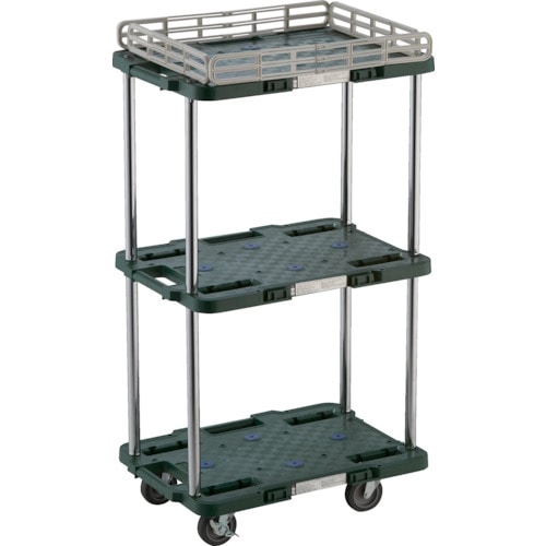 トラスコ中山 TRUSCO 樹脂製台車 ルートバン 3段式 柵1段付 370X500 4輪自在ストッパー付 緑(ご注文単位1台)【直送品】