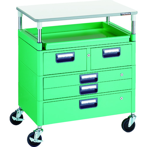 トラスコ中山 TRUSCO ツールワゴン フェニックスワゴン 省音 750X500 H880 引出付 スライド1段 天板付 ヤンググリーン(ご注文単位1台)【直送品】