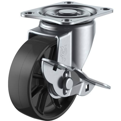 トラスコ中山 ユーエイ プレート式キャスター 自在車ストッパー付 75径 ナイロン(黒)車輪(ご注文単位1個)【直送品】