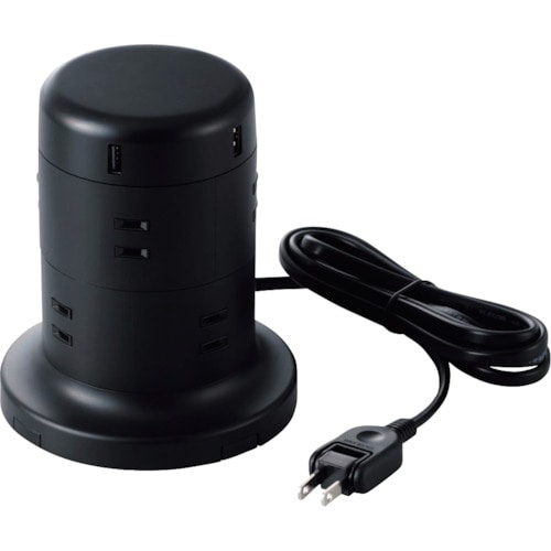 トラスコ中山 エレコム タワー型タップ 8個口 雷サージ付 ホコリ防止シャッター付 固定可能 2.0m ブラック 315-7608 (ご注文単位1個) 【直送品】