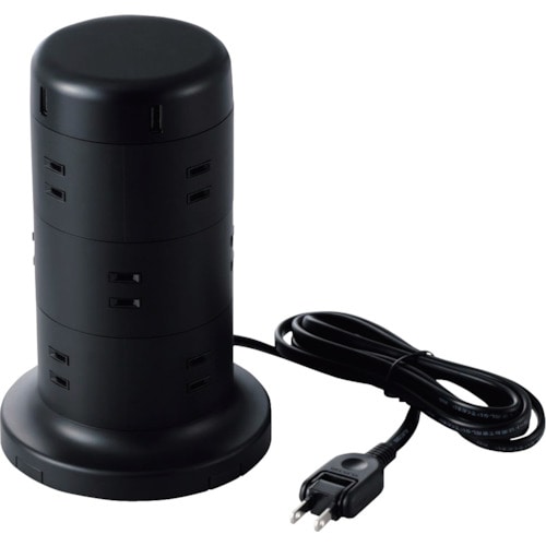 トラスコ中山 エレコム タワー型タップ 12個口 雷サージ付 ホコリ防止シャッター付 固定可能 2.0m ブラック 315-7578 (ご注文単位1個) 【直送品】