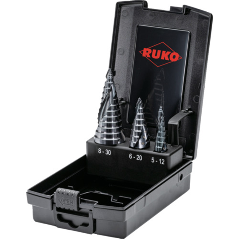 RUKO 2枚刃スパイラルステップドリルセット ｢アルティメットカット｣ 3本組 フローステップチップ ルナテックコーティング 1セット（ご注文単位1セット）【直送品】