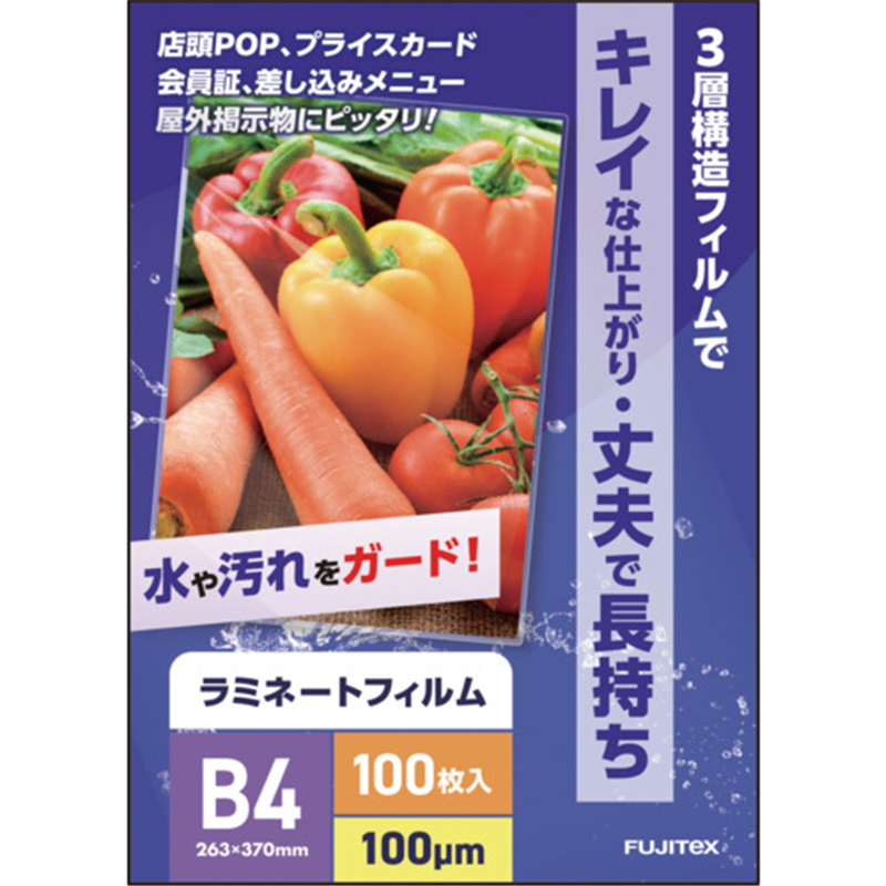 フジテックス ラミネートフィルム100ミクロン B4  100枚入り 1冊（ご注文単位1冊）【直送品】