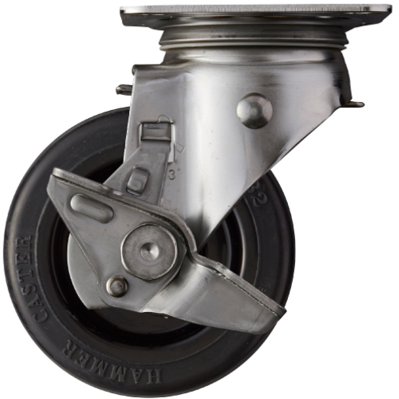 ハンマー ステンレス製プレート式キャスター 自在(サイドストッパー付) 車輪径100mm ゴム車輪 Sシリーズ 1個（ご注文単位1個）【直送品】