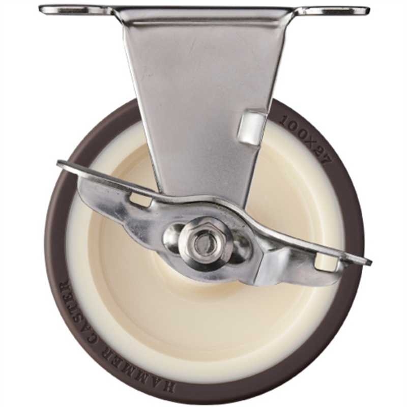 ハンマー ステンレス製プレート式キャスター 固定ストッパー付 車輪径100mm ウレタン車輪(ローラーベアリング) Eシリーズ 1個（ご注文単位1個）【直送品】