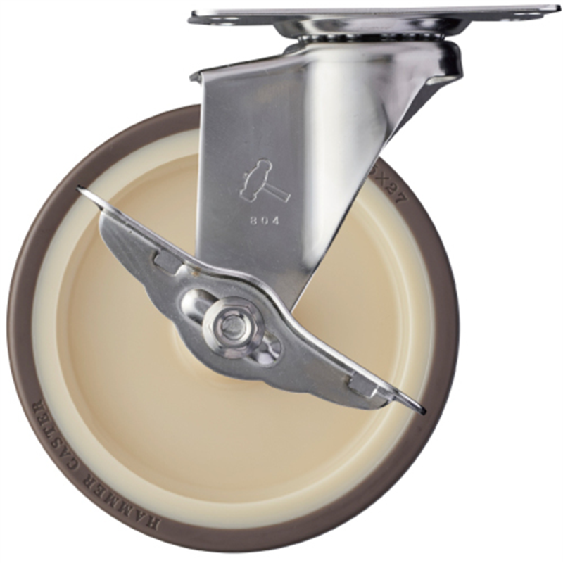ハンマー ステンレス製プレート式キャスター 320Eシリーズ(ナイロンホイールウレタン車・ステンレス金具) 自在ストッパー付 車輪径125mm  1個（ご注文単位1個）【直送品】