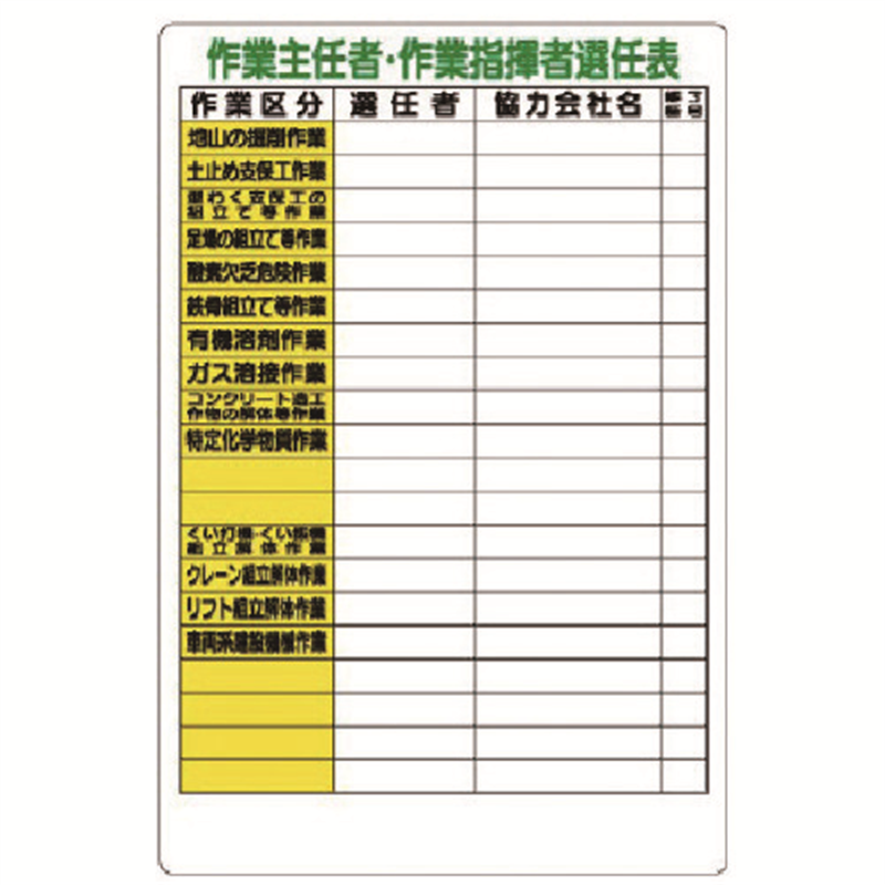 ユニット 作業主任者・作業指揮者選任表 1枚（ご注文単位1枚）【直送品】
