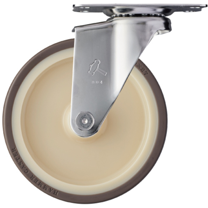 ハンマー ステンレス製プレート式キャスター 320Eシリーズ(ナイロンホイールウレタン車・ステンレス金具) 自在 車輪径125mm  1個（ご注文単位1個）【直送品】