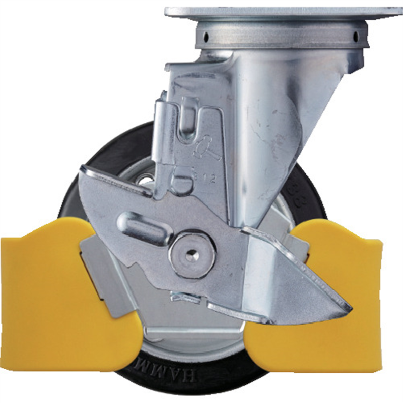 ハンマー フットガード付 旋回式ゴム車輪(スチールホイール・ローラーベアリング)125mm ストッパー付 1個（ご注文単位1個）【直送品】