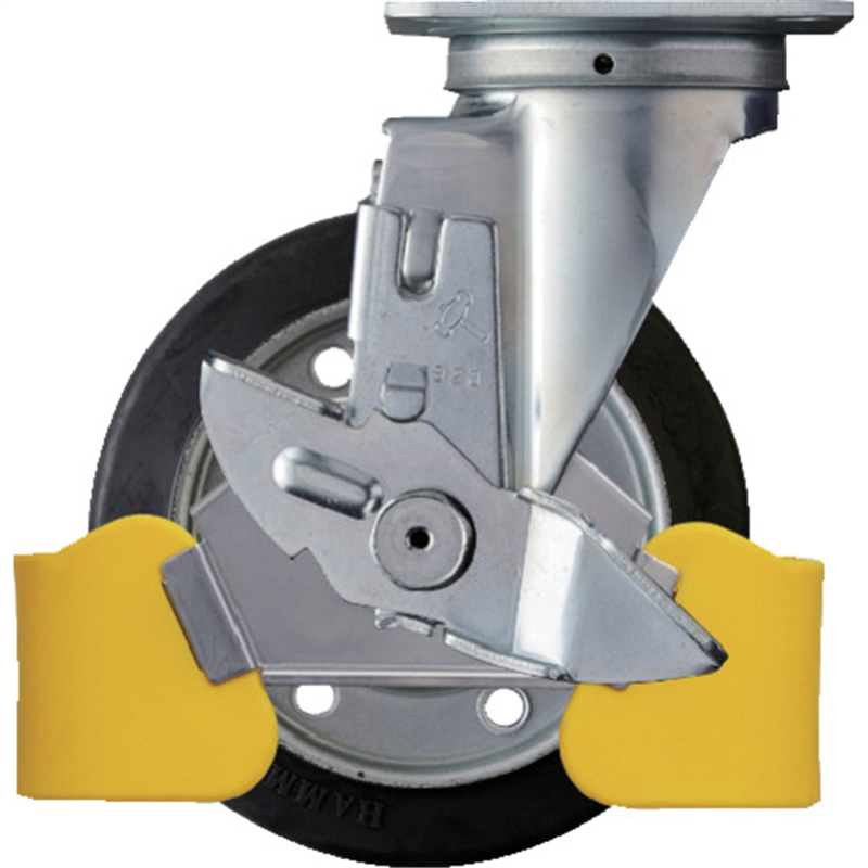 ハンマー フットガード付 旋回式ゴム車輪(スチールホイール・ローラーベアリング)150mm ストッパー付 1個（ご注文単位1個）【直送品】