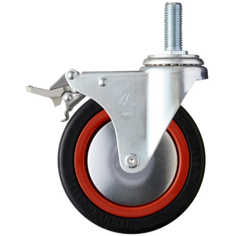 ハンマー ねじ込み旋回式ゴム車輪(ナイロンホイール・ボールベアリング)125mm M16 トータルロック 1個（ご注文単位1個）【直送品】