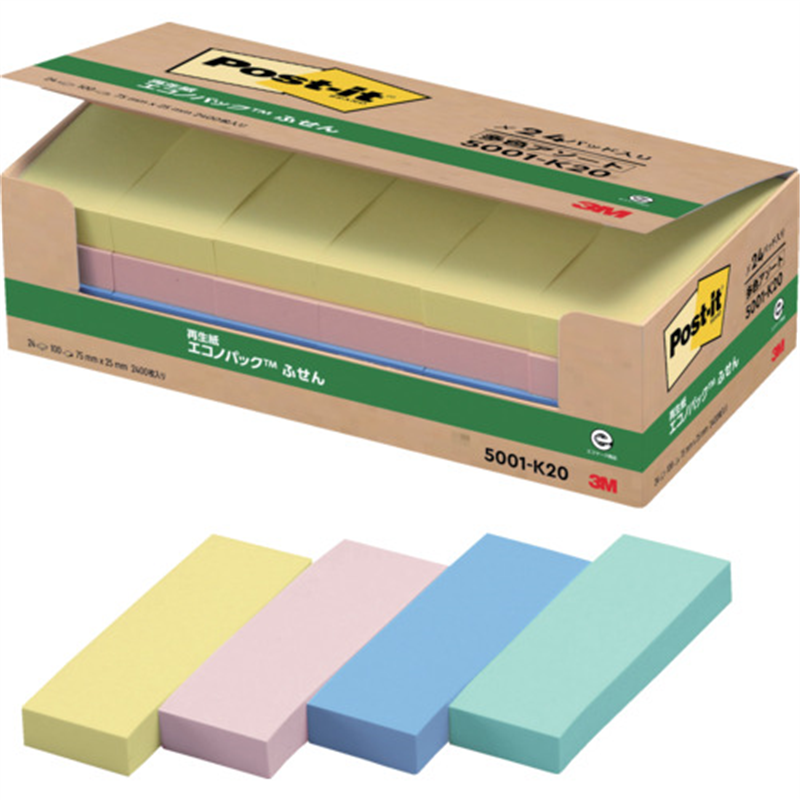 3M ポスト・イット 75X25mm 4色混色100枚X24パッド=2400枚入 1箱（ご注文単位1箱）【直送品】