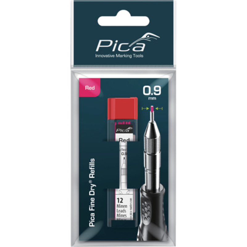 ピカマーカー 建築用シャープペンシルFine Dry 用丸芯0.9mm 12本入り 赤 ブリスターパック 1パック（ご注文単位1パック）【直送品】