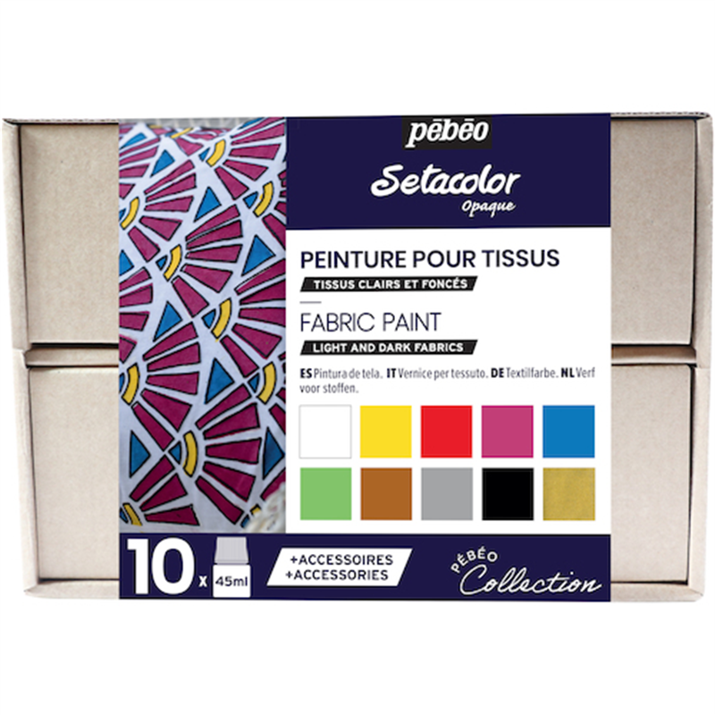 Pebeo 布用水性アクリル絵具セタカラー不透明色アトリエコレクション 10色x45ml+アクセサリー 1本（ご注文単位1本）【直送品】