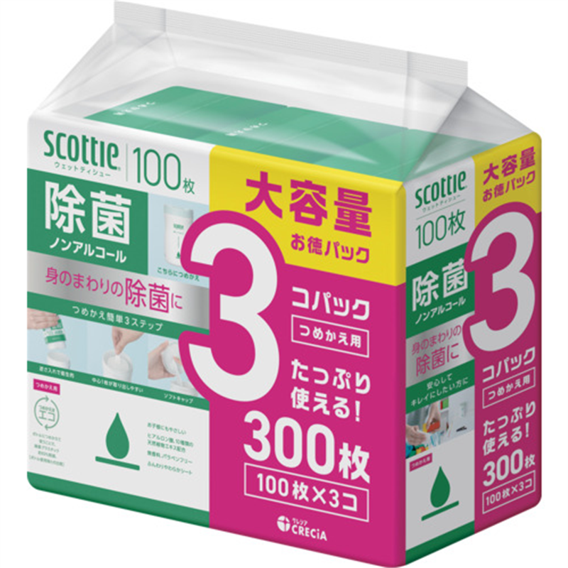 クレシア スコッティ ウェットティシュー除菌 ノンアルコール 100枚 つめかえ用 3個パック 1パック（ご注文単位1パック）【直送品】