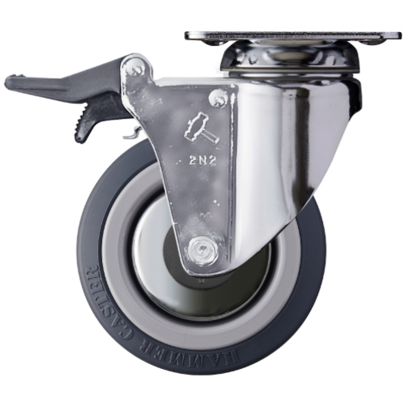 ハンマー プレート式キャスター 自在(ストッパー付・トータルロック) 車輪径100mm ウレタン車輪(ナイロンホイール・ボールベアリング) 1個（ご注文単位1個）【直送品】