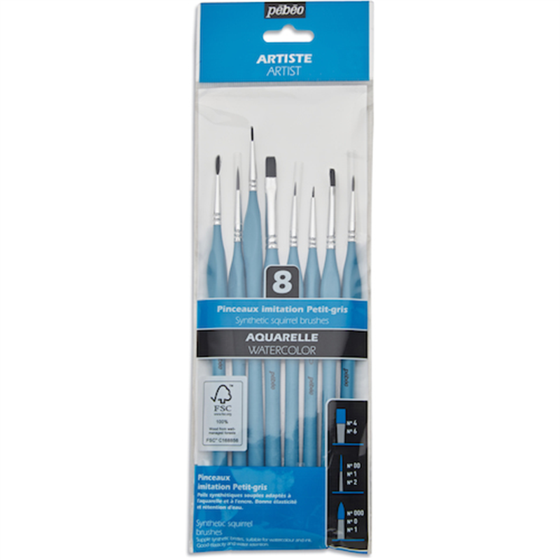 Pebeo 水彩・インク・クラフト用 細密画筆 化繊 8本セット(丸000/0/1､ライナー00/1/2､平4/6号)FSC認証 コンフォートグリップ短軸 1本（ご注文単位1本）【直送品】