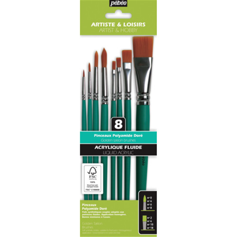 Pebeo クラフト化繊筆 平・丸筆8本セット(平2/4/10/18､丸0/4/6/8号) FSC認証 短軸 1本（ご注文単位1本）【直送品】