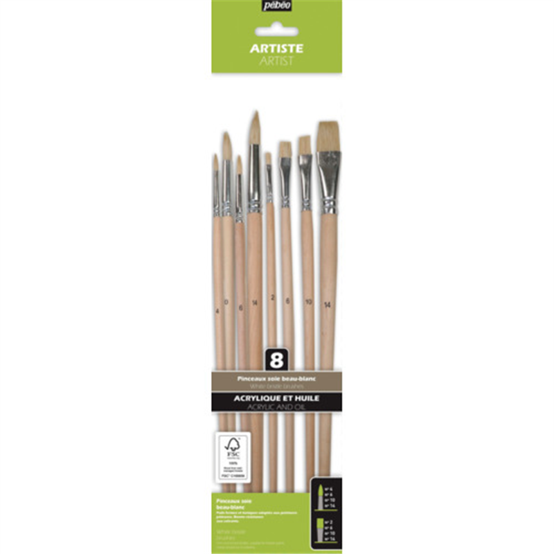Pebeo 油彩用 白豚筆 平・丸筆8本セット(平2/6/10/14､丸4/6/10/14号) FSC認証 長軸 1本（ご注文単位1本）【直送品】