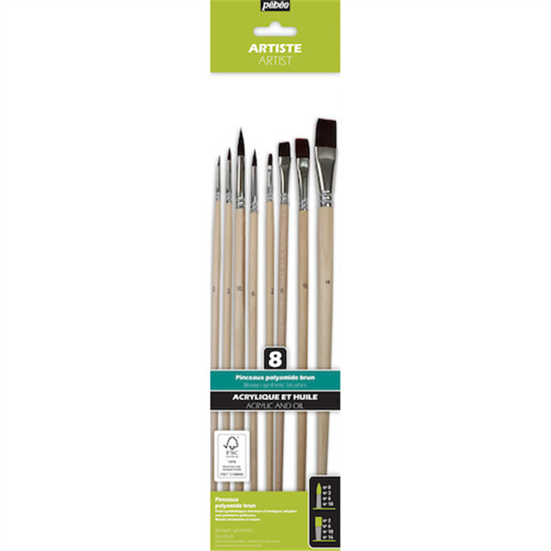 Pebeo 厚塗りペイント用 ブラウン化繊・硬毛 筆 平・丸筆8本セット(平2/6/10/14､丸0/3/6/10号) FSC認証 長軸 1本（ご注文単位1本）【直送品】