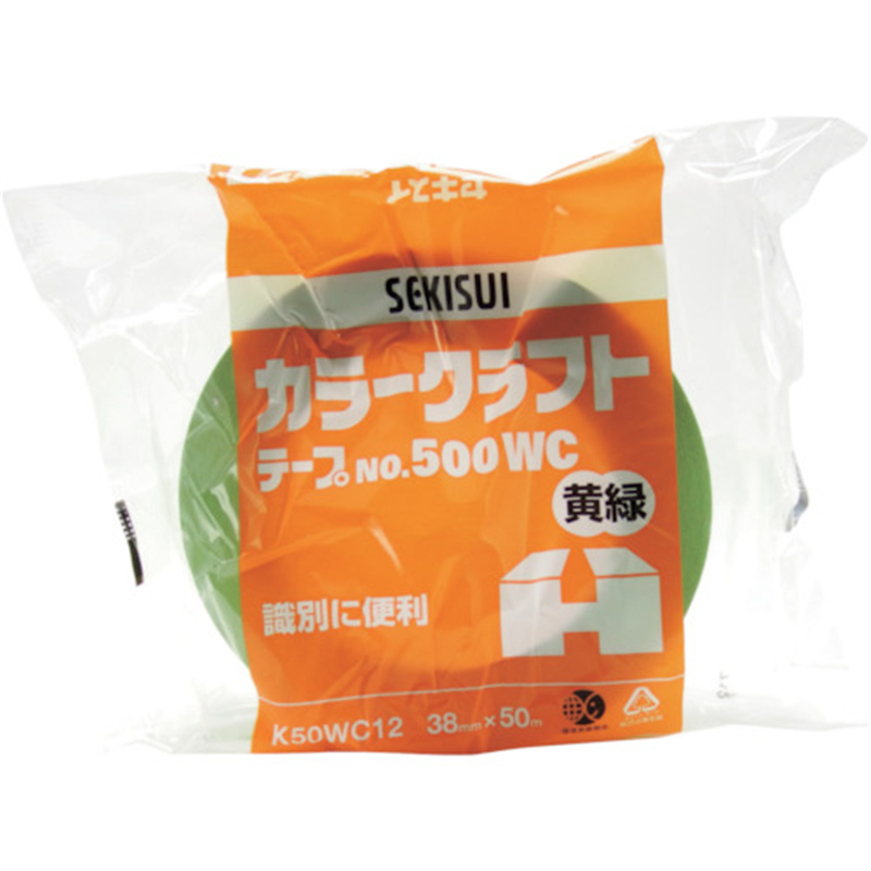 積水 カラークラフトテープ#500WC 38X50 黄緑 1巻（ご注文単位1巻）【直送品】