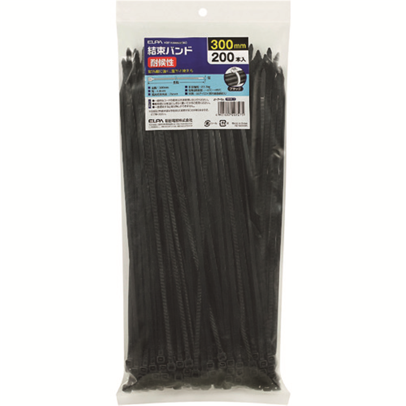 ELPA ケーブルタイ 結束バンド 4.8×300mm ブラック耐候性(200本入) 1パック（ご注文単位1パック）【直送品】