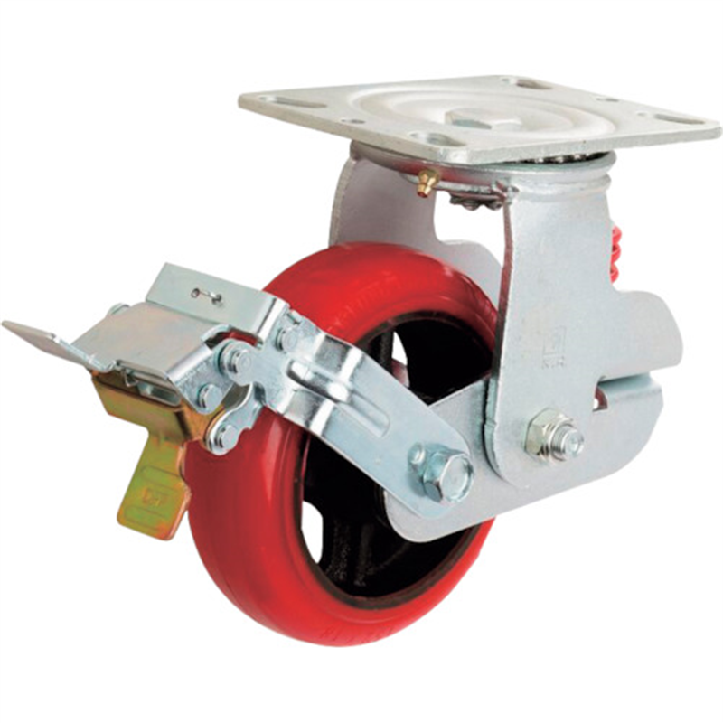 イノアック プレート式緩衝牽引キャスター(ウレタン車) 自在ストッパー式 Φ150 バネ付(赤) 1個（ご注文単位1個）【直送品】