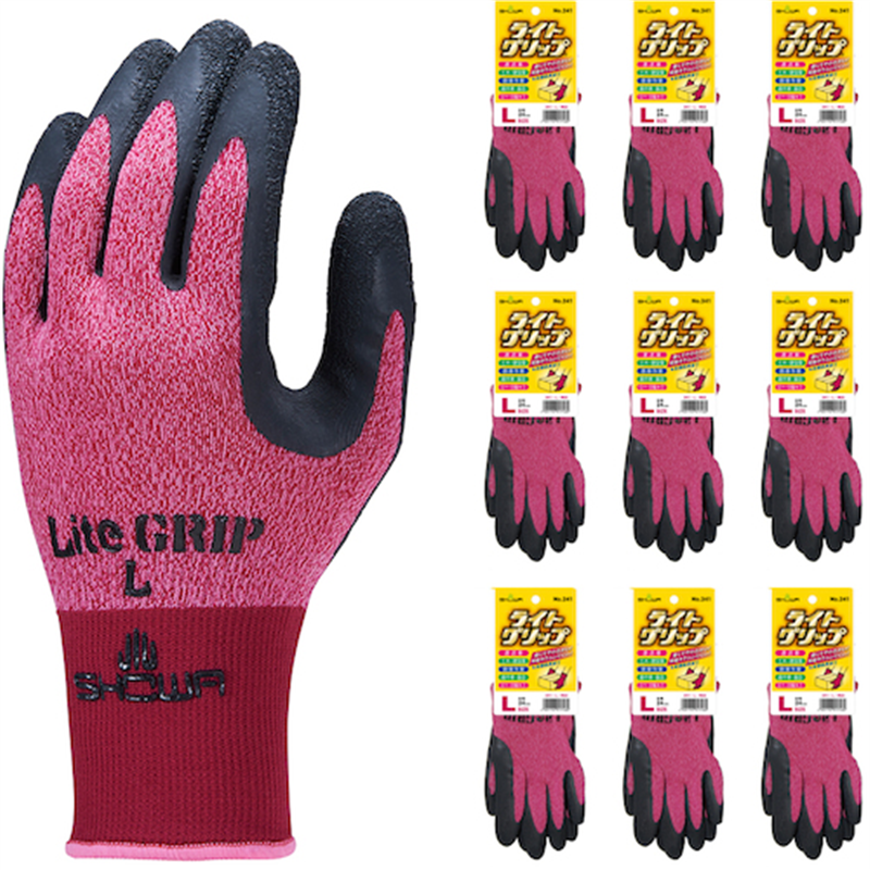 SHOWA 天然ゴム背抜き手袋 まとめ買い NO341 ライトグリップ 10双入 Lサイズ レッド 1袋（ご注文単位1袋）【直送品】