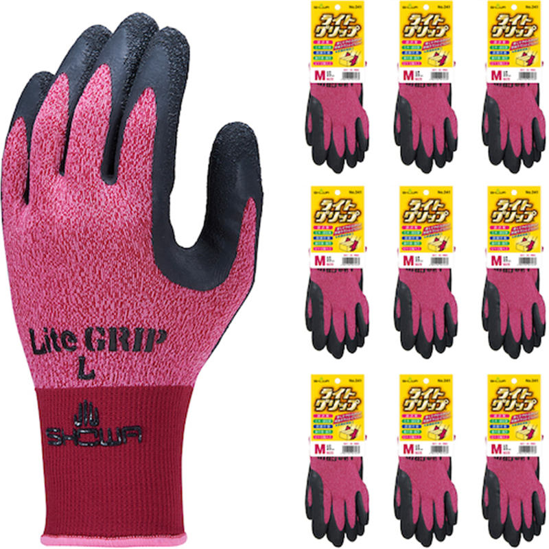 SHOWA 天然ゴム背抜き手袋 まとめ買い NO341 ライトグリップ 10双入 Mサイズ レッド 1袋（ご注文単位1袋）【直送品】