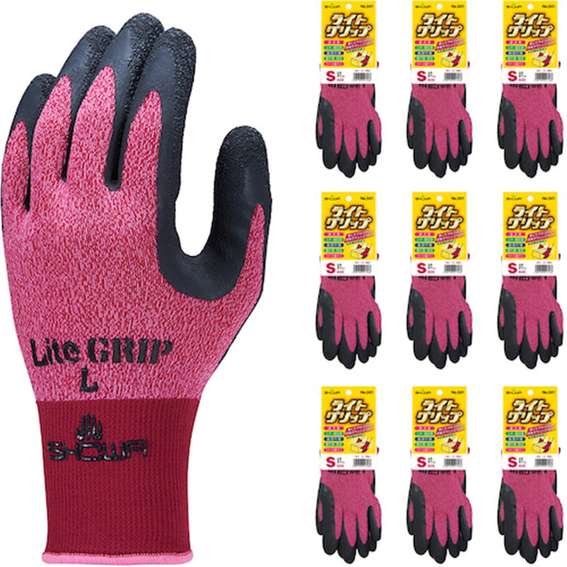 SHOWA 天然ゴム背抜き手袋 まとめ買い NO341 ライトグリップ 10双入 Sサイズ レッド 1袋（ご注文単位1袋）【直送品】