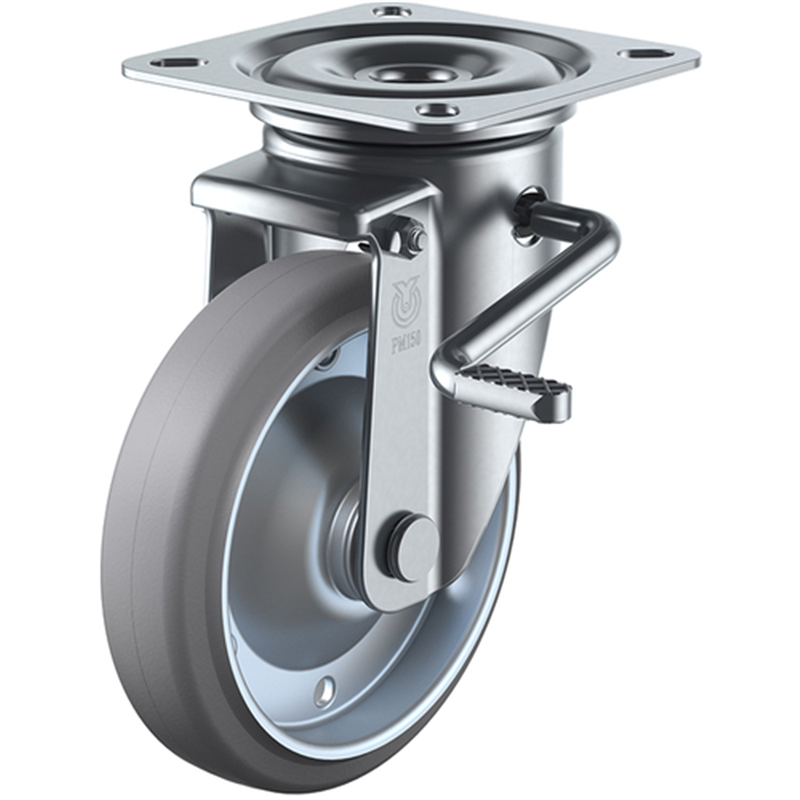 ユーエイ プレート式 自在 キャスター グレーゴム 車輪径150mm ストッパー付き PMタイプ PMS-LB(R)型 取付寸法94×94(87×87) 1個（ご注文単位1個）【直送品】