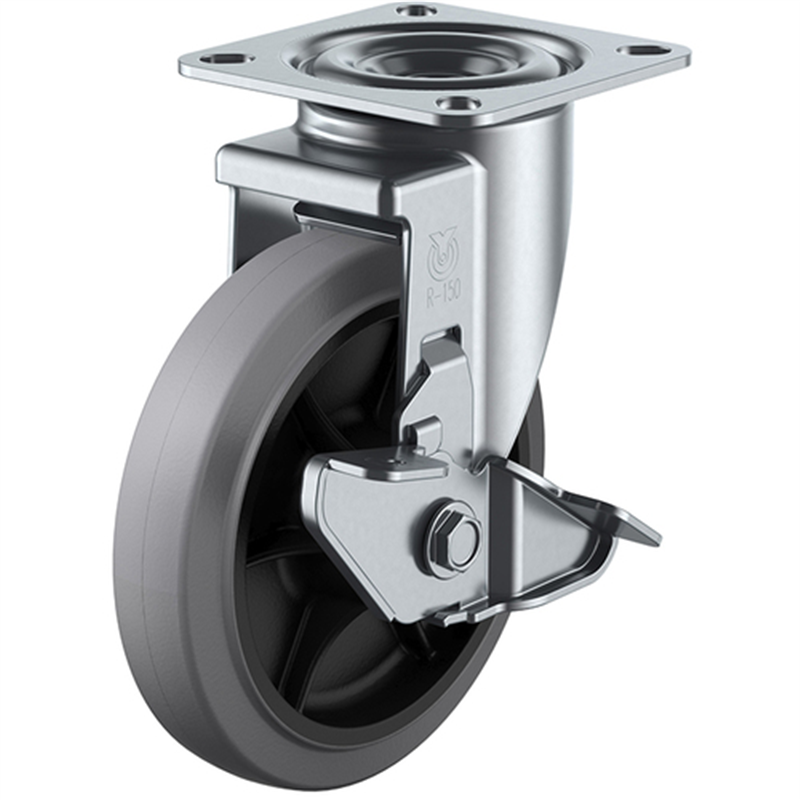 ユーエイ プレート式 自在 キャスター グレーゴム 車輪径125mm ストッパー付き Jタイプ RJ2-S型 取付寸法80×80(75×75) 1個（ご注文単位1個）【直送品】