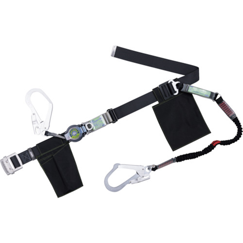 TSUYORON 胴ベルト型墜落制止用器具(巻取タイプ)ランヤード2丁掛け仕様 ロック機構付きロックリトラ+伸縮式ノビロン(BK)黒 Lサイズ 幅50MM×長さ1400MM 1本（ご注文単位1本）【直送品】