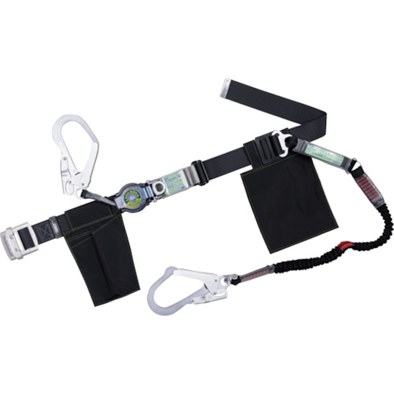 TSUYORON 胴ベルト型墜落制止用器具(巻取タイプ)ランヤード2丁掛け仕様 ロック機構付きロックリトラ+伸縮式ノビロン(BK)黒 Mサイズ 幅50MM×長さ1200MM 1本（ご注文単位1本）【直送品】
