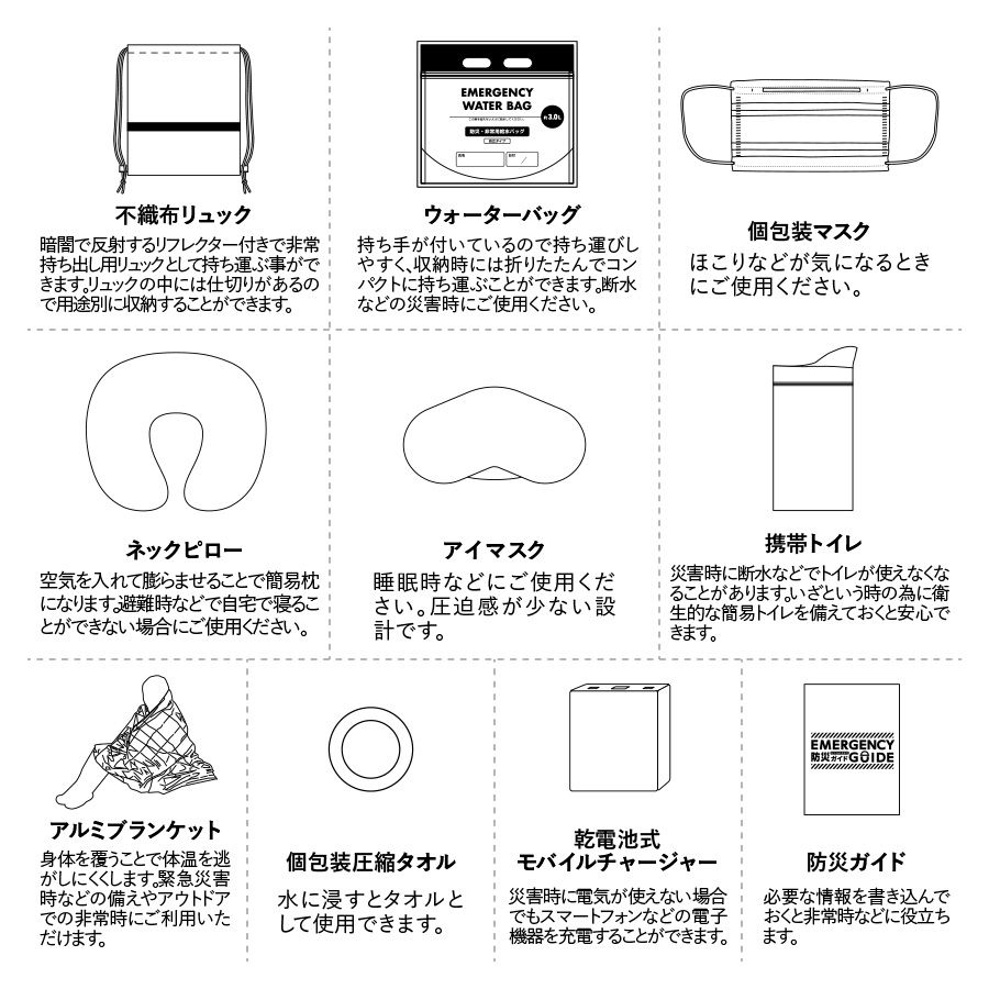 MARKLESS STYLE 防災緊急10点セット リュックタイプ ブラック TS-1805-009 1セット(ご注文単位1セット)【直送品】
