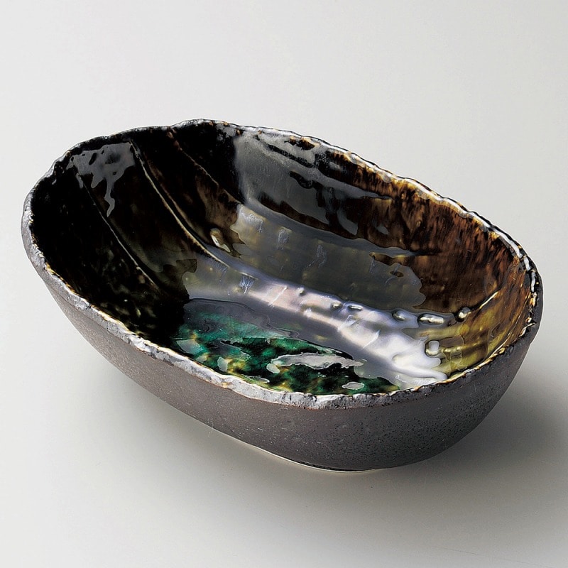 金正陶器 いぶし黒織部手作り楕円鉢(小) 1個(ご注文単位1個)【直送品】