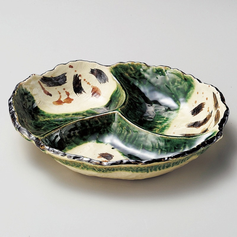 金正陶器 織部錆絵三ツ仕切皿(大) 1個(ご注文単位1個)【直送品】