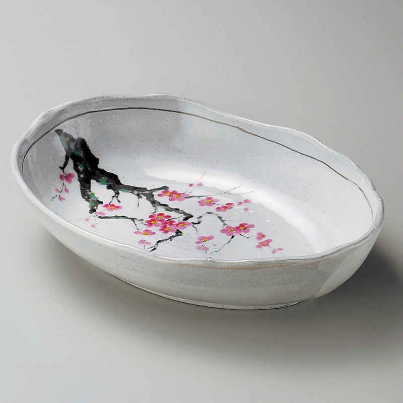 金正陶器 罫書紅梅楕円盛鉢 1個(ご注文単位1個)【直送品】