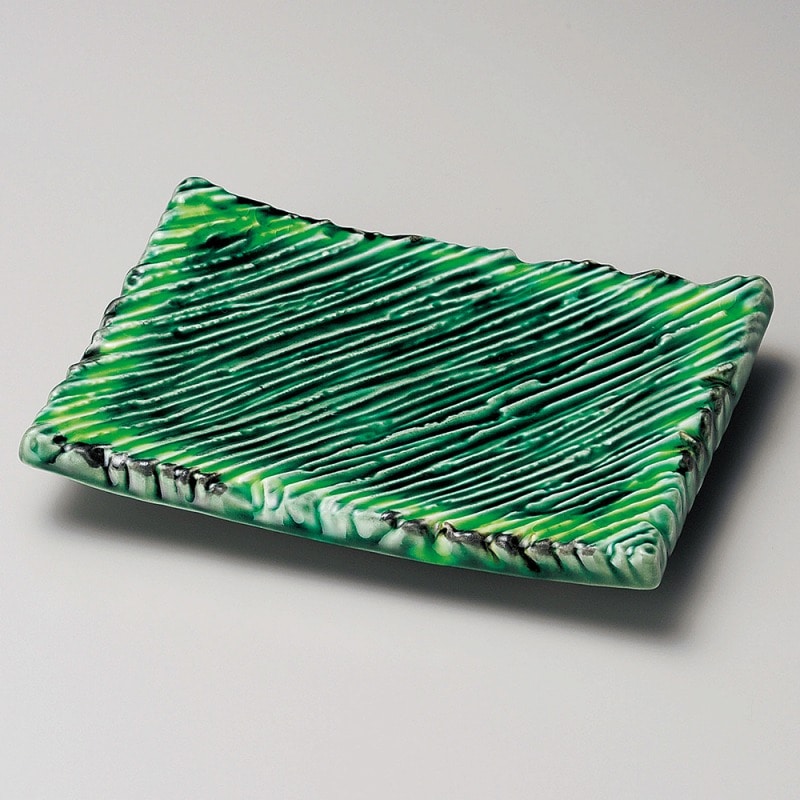 金正陶器 緑釉黄流ししのぎ長角5.3皿 1個（ご注文単位1個）【直送品】