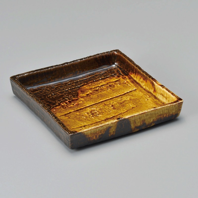 金正陶器 あめ釉掛分け砂目正角5.0皿 1個（ご注文単位1個）【直送品】