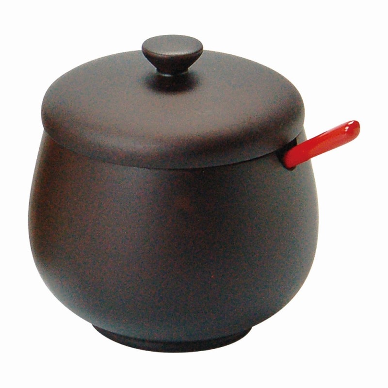 金正陶器 木製・蓋付丸型薬味入ダークブラウン スプーン付 1個(ご注文単位1個)【直送品】