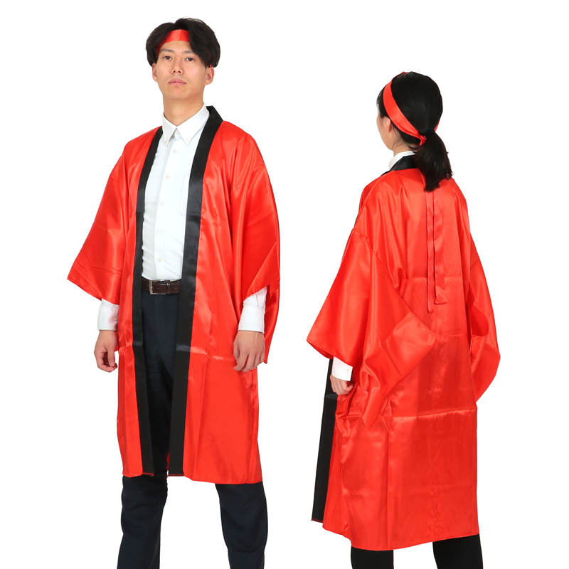 アーテック ソフトサテン ロングハッピ袖付 赤 L(ハチマキ付) 1セット（ご注文単位1セット）【直送品】
